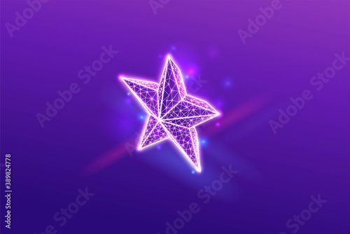 Star 3d isometric neon icon, wireframe low poly symbol with light and glow, purple abstract futuristic background