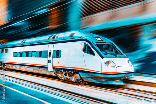 Modern hi-speed passenger train, in movement (motion).