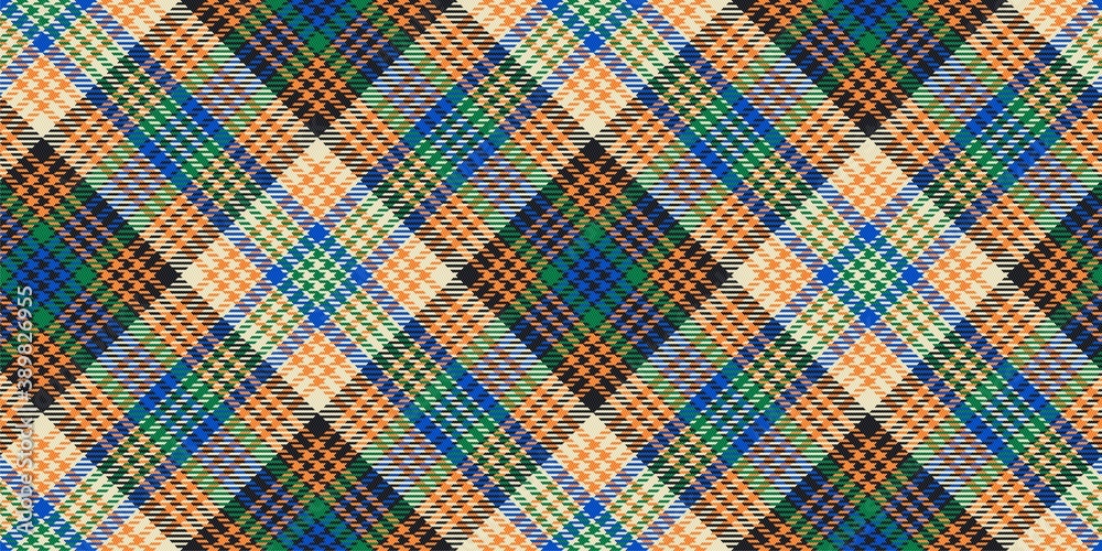 Motley fabric texture of traditional checkered diagonal tartan repeatable ornament, light and dark squares with blue, green, orange stripes for plaid, tablecloths, shirts, clothes, dresses, bedding Motley fabric texture of traditional checkered diagonal tartan repeatable ornament, light and dark squares with blue, green, orange stripes for plaid, tablecloths, shirts, clothes, dresses, bedding
