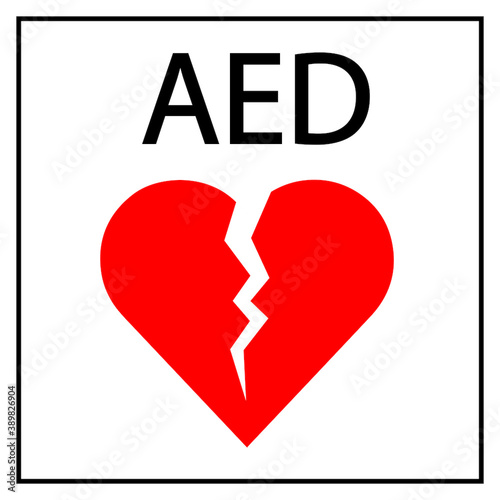 AED,automated external defibrillator / aed sign with heart and electricity symbol flat vector icon	
