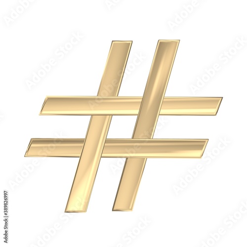 Golden 3d hashtag sign on isolated white background. 3d rendering photo