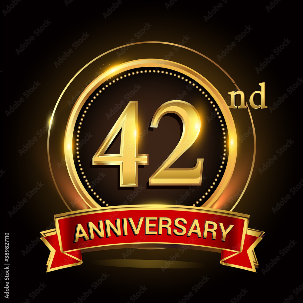 42nd golden anniversary logo with ring and red ribbon. Vector design template elements for your birthday celebration. 42nd golden anniversary logo with ring and red ribbon. Vector design template elements for your birthday celebration.