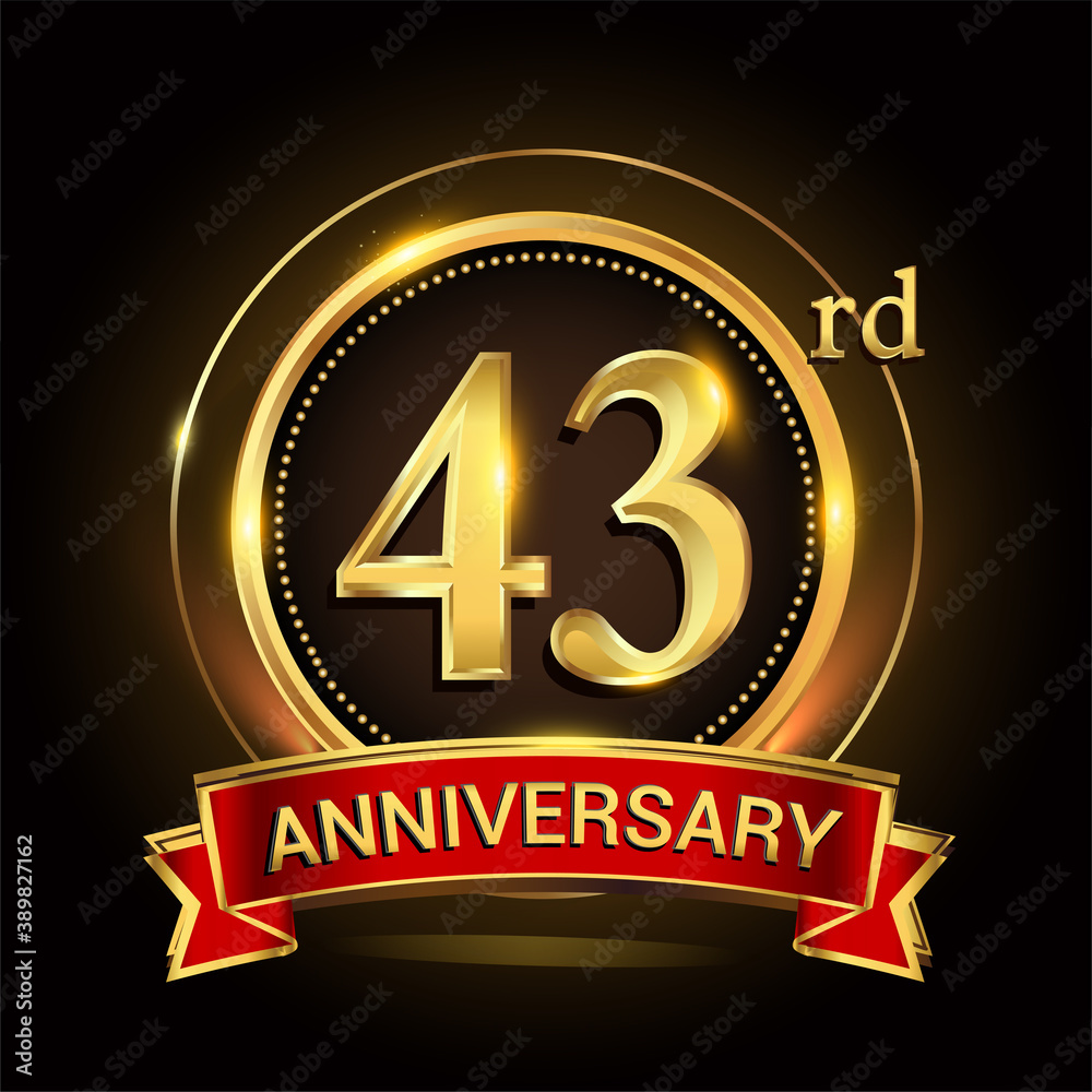 43rd golden anniversary logo with ring and red ribbon. Vector design template elements for your birthday celebration.
