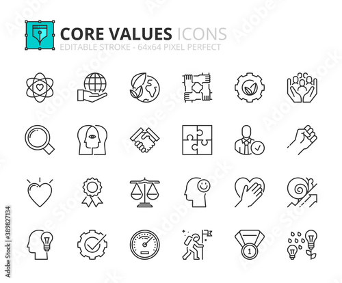 Simple set of outline icons about core values. Business concepts
