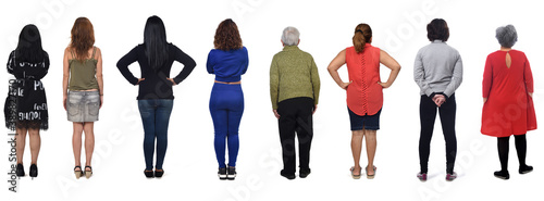 rear view of various women in different outfits on white background