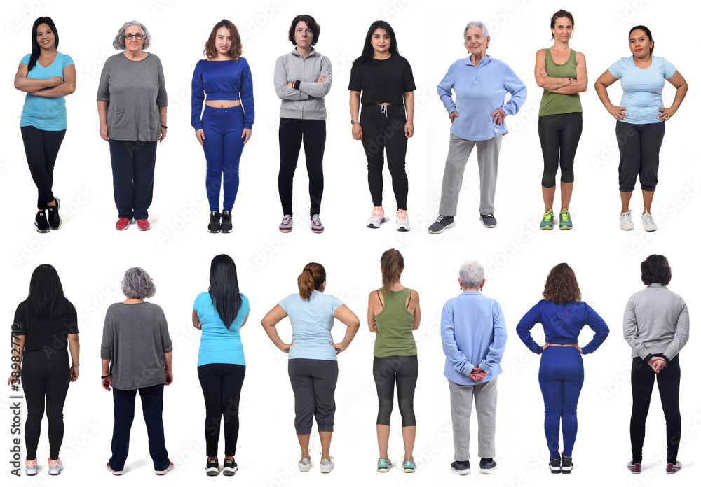 Obraz premium rear and front view of a group of women wearing sportswear on white background