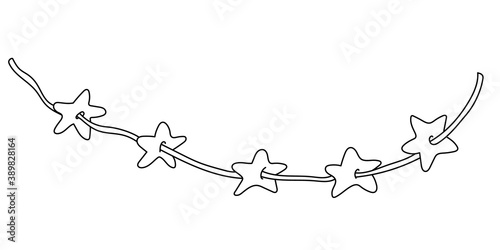 Christmas garland with star shape cookies in doodle sketch style. Vector hand drawn illustration of biscuits on rope on white background. Isolated black outline. Great for greeting cards design.