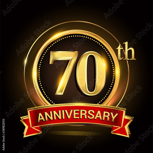 70th golden anniversary logo with ring and red ribbon. Vector design template elements for your birthday celebration.