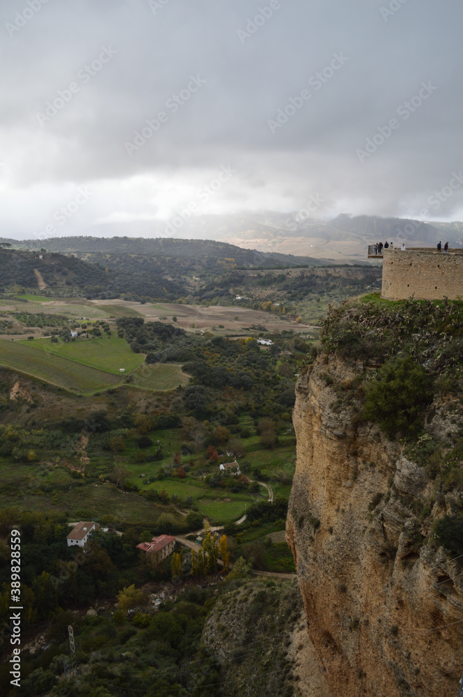 Cliff with Lookout Point and Panorama of Andalusian Landscape in Ronda, Spain