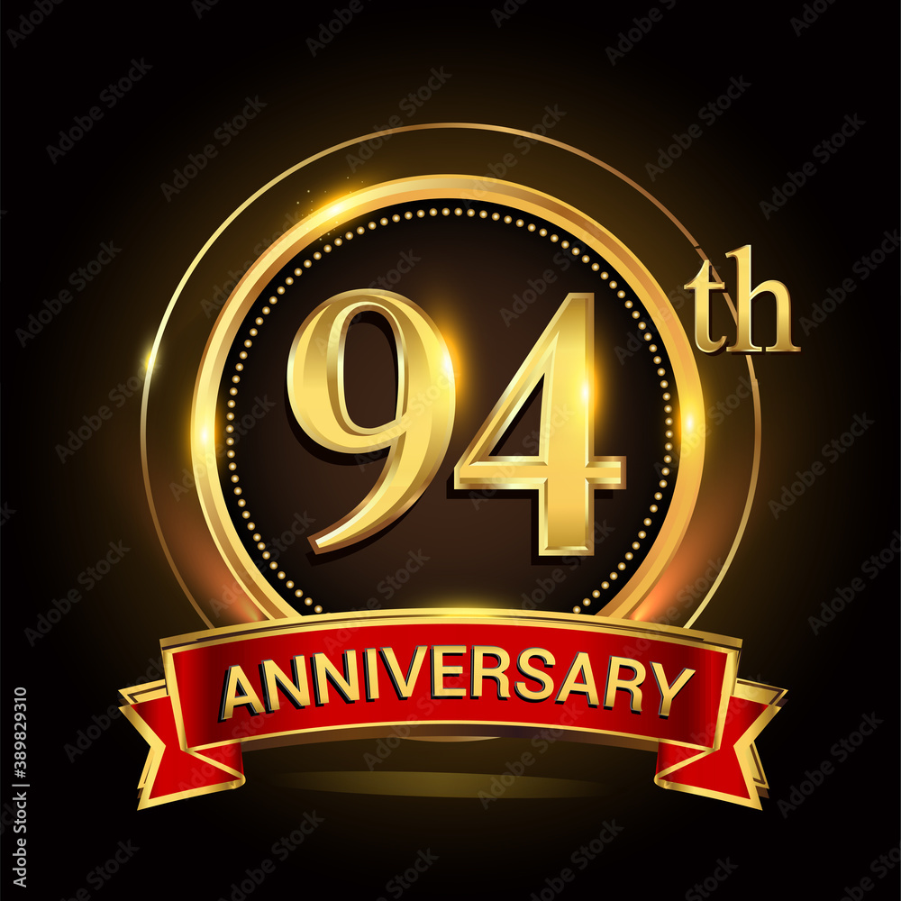 94th golden anniversary logo with ring and red ribbon. Vector design template elements for your birthday celebration. 94th golden anniversary logo with ring and red ribbon. Vector design template elements for your birthday celebration.