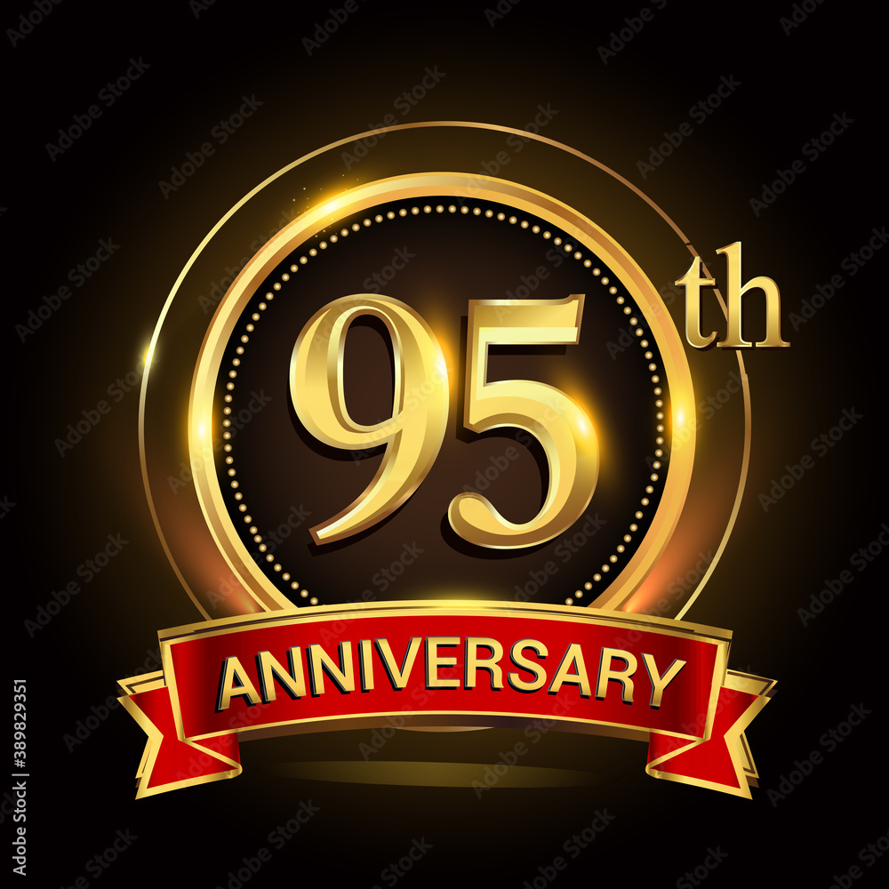 95th golden anniversary logo with ring and red ribbon. Vector design template elements for your birthday celebration. 95th golden anniversary logo with ring and red ribbon. Vector design template elements for your birthday celebration.