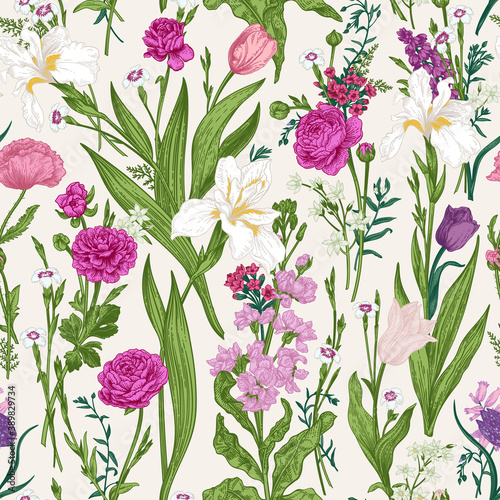 Floral seamless pattern with summer and spring plants. Botanical illustration. Pink garden flowers.