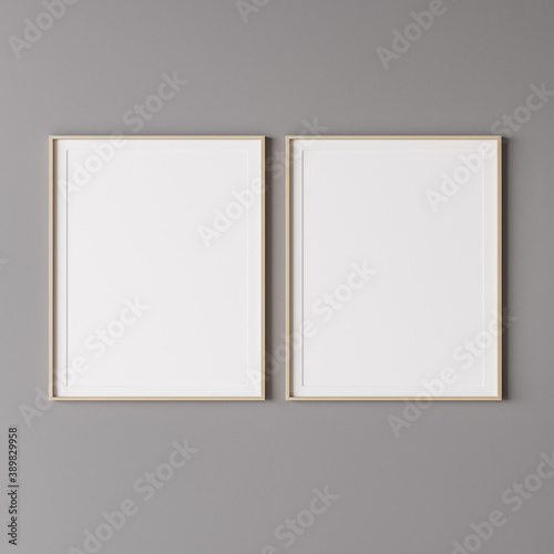 Two wooden vertical frame mockup on gray wall. 3d render. 