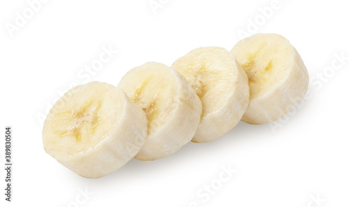 Peeled and chopped banana isolated on white background. Full depth of field.