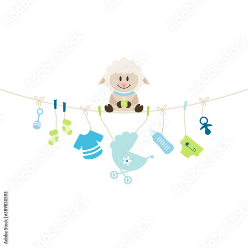 Schaf Und Hängende Baby Icons Junge Blau Grün