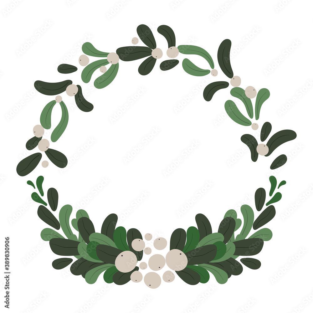 Merry Christmas and Happy New Year vector stock illustration in flat style. Greeting card element with winter floral. Christmas wreath isolated on white background for your winter design.