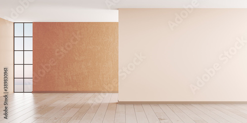 empty room, living room, orange wall, window, wooden floor. 3d render 
