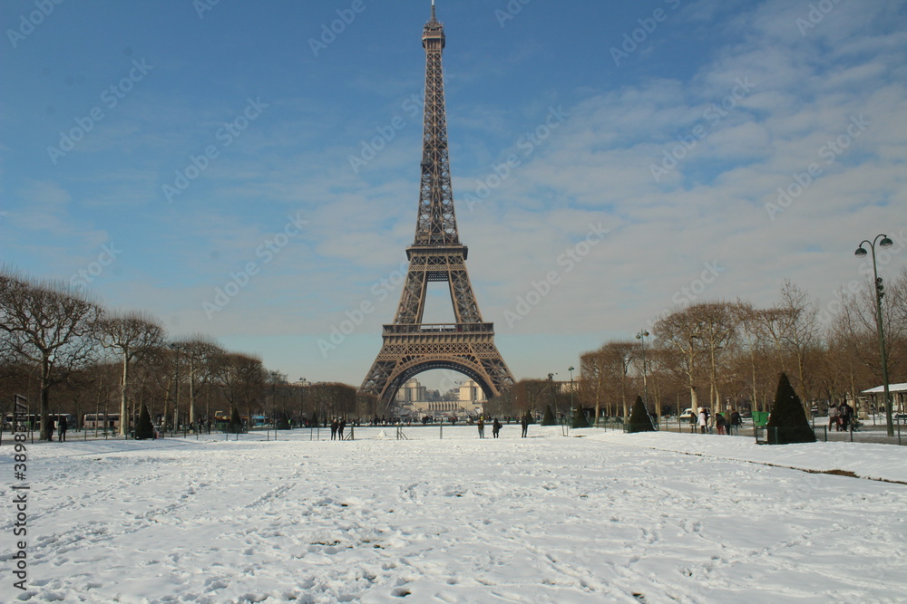 eiffel tower on the snow in paris france