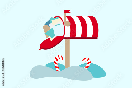 Cute vector illustration of santa's mailbox and snow. Winter theme. Letter for santa claus merry christmas and happy new year. Christmas red box.