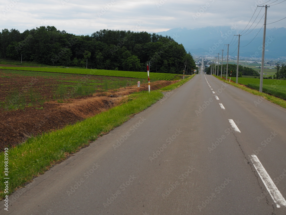 A long straight road with mountains in the background on cloudy summer day in Hokkaido, northern Japan