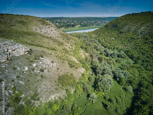 Aerial drone view of cliffs and plains near village Tsipova, Moldova republic of.