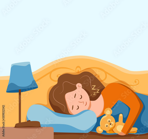 Kid sleep in bed at night vector illustration. Gir childl in pajama having a sweet dream in bedroom.