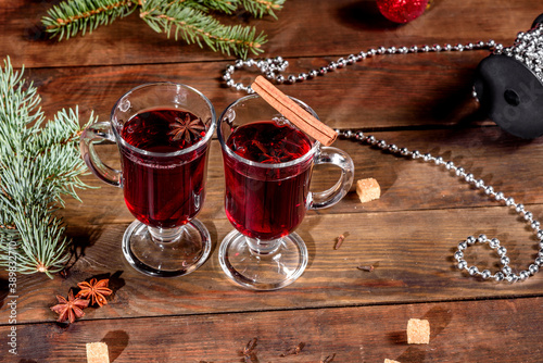 Hot mulled wine for winter and Christmas with various spices