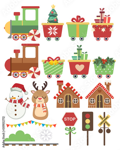 The collection of cute christma train in flat vector style.Graphic resource about christmas and holiday
for graphic,content , banner, sticker label and greeting card.