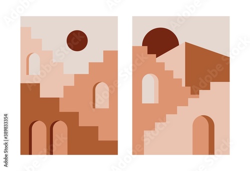 Abstract stairs poster set. Architecture cards contemporary boho design, art print minimal wall decor, vector geometric cityscape