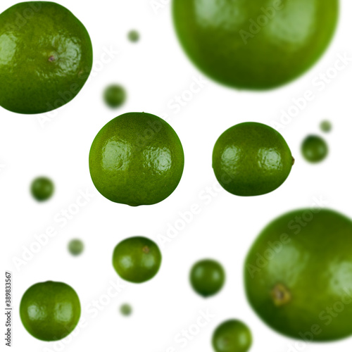 Many limes free falling on white background. Selective focus - shallow depth of field.