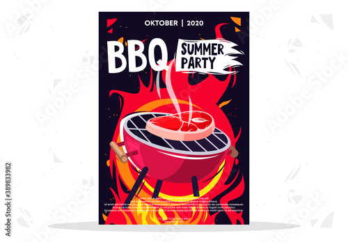 Vector illustration poster template for BBQ grill summer party, roast steak meat on the grill