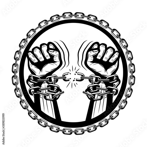Round icon with human hands breaking steel chains on white background.