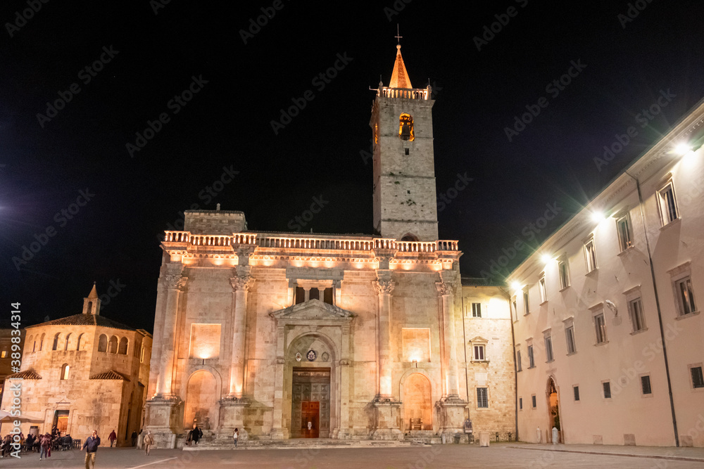 Night view of the Renaissance and medieval squares of Ascoli Piceno, Italy.