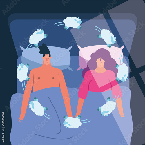 couple in bed counting sheeps suffering from insomnia characters