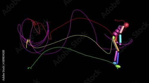 Motion capture paths of jumping man.3d character jumping. Motion path lines indicate positions of head , hand ,  pelvis and foot as it moves through time and space.  3d animation render