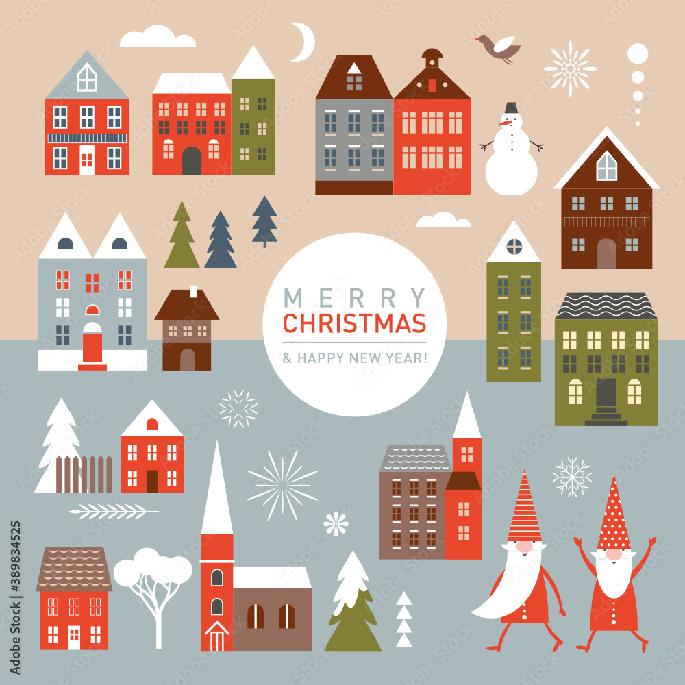 Set winter Christmas houses and design elements. Christmas decoration templates.