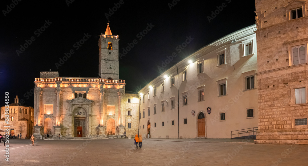 Night view of the Renaissance and medieval squares of Ascoli Piceno, Italy.