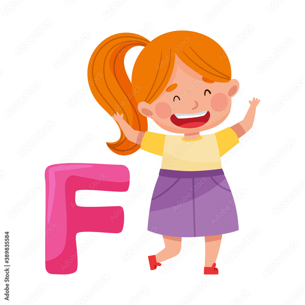 Excited Girl Jumping Near Big Alphabet Letter F Vector Illustration