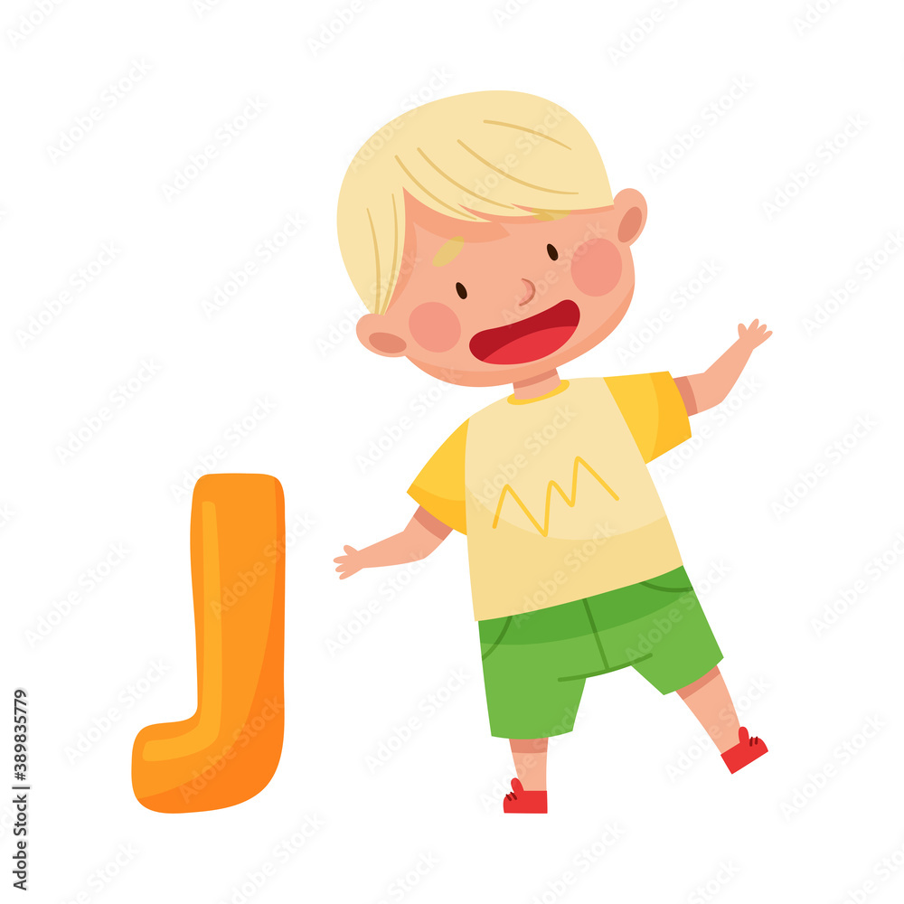 Excited Boy Jumping Near Big Alphabet Letter D Vector Illustration