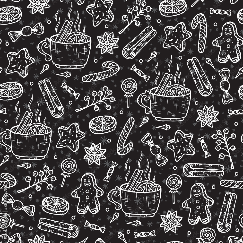 New Year and Christmas seamless pattern. Hand Drawn Doodle Mulled wine with  spices and Christmas gingerbread cookies. Warm wine. Holiday wallpaper.  Vector Xmas background. Stock Vector | Adobe Stock