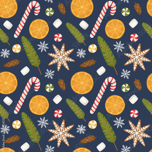 Seamless pattern with Christmas or New Year colorful elements with blue background. Winter holiday sweets digital illustration for print, design, wallpaper, texture.