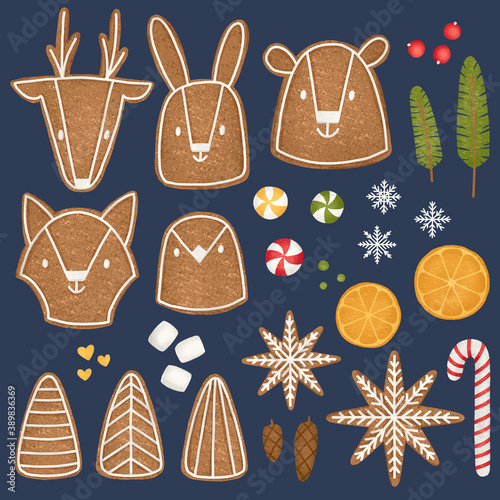 Cute cartoon gingerbread cookies as animals, snowflakes and trees. Set of Christmas or New Year colorful elements with blue background. Winter holiday sweets digital illustration.