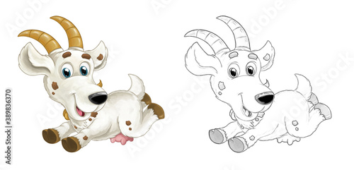 Cartoon sketch scene with horned goat standing and looking illustration © honeyflavour