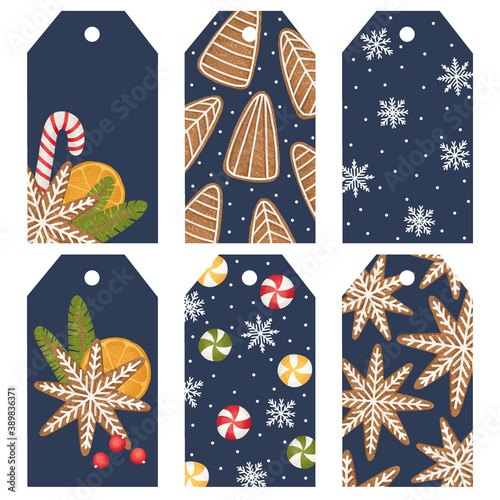 Gift tags with gingerbread cookies as snowflakes and trees. Christmas or New Year labels with blue background. Winter holiday sweets digital illustration for print and design.