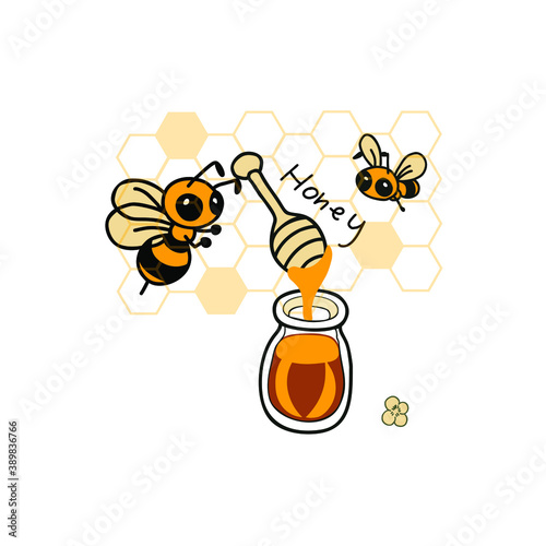 Bees making honey and propolis on a white. Vector Illustration.