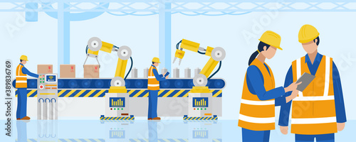 Industrial Engineers using tablet control industrial robotic arms in factory. Vector