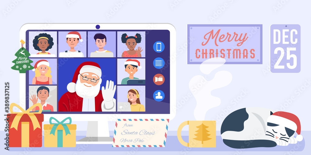 Santa Claus having video conference on computer with children at home. Vector