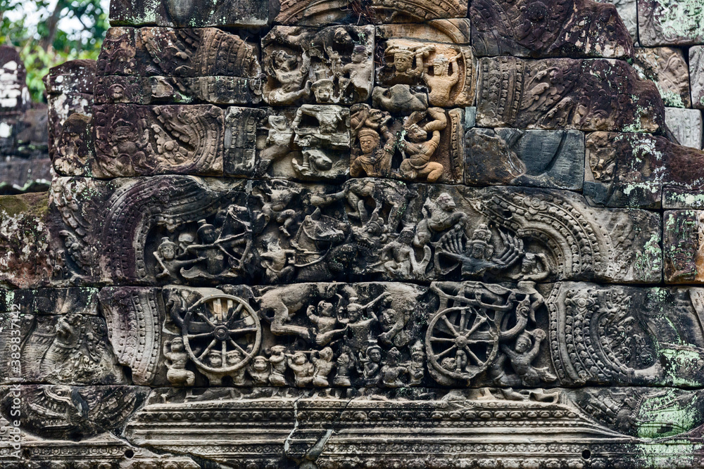 Battle of Langka on the pediment of a Gopura in the Preah Khan temple, in Angkor Thom, Siem Reap, Cambodia