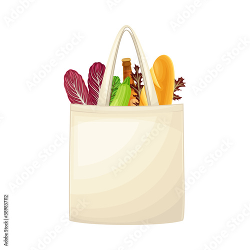 Canvas Bag with Handles Full of Food and Products from Grocery Market Vector Illustration