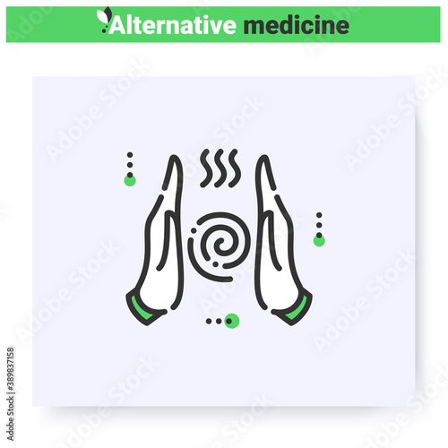 Reiki line icon. External energy. Taoist oriental energy healing. Health care and wellness. Complementary and alternative medicine types. Isolated vector illustration. Editable stroke 